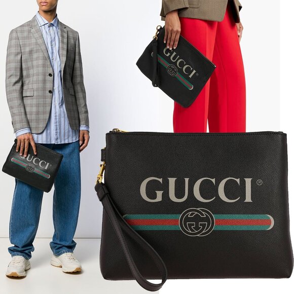 GUCCI BAG 572770 UNISEX BLACK LEATHER CLUTCH POUCH w WEB INTERLOCKING GG LOGO